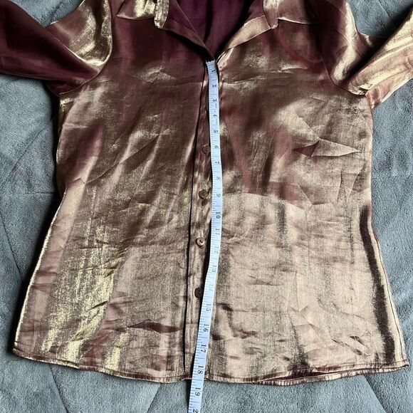 Vintage 90s - Y2K Rafaella gold/burgundy/bronze metallic satin button up large - Picture 7 of 8